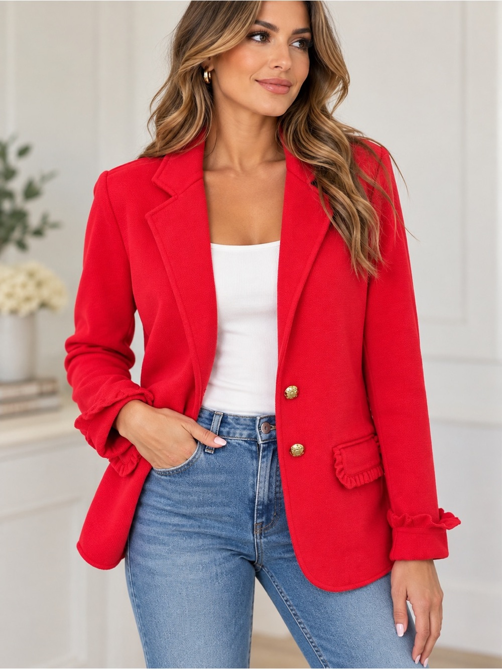 Lauren by Ralph Lauren Red Ruffle Cuff Blazer Jacket